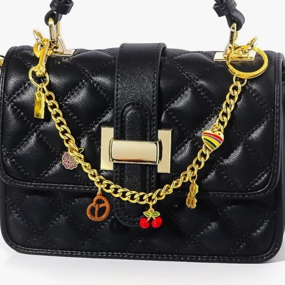 Purse bag charm in gold links with cherry pretzel flower Dino clips on bag - Picture 3 of 3